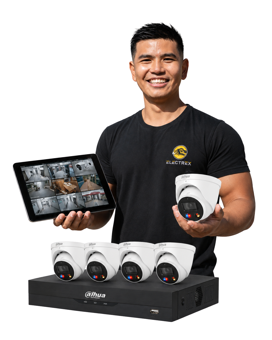 Electrex technician holding a tablet with live CCTV footage and a Dahua camera, with a 4 camera Dahua kit and NVR