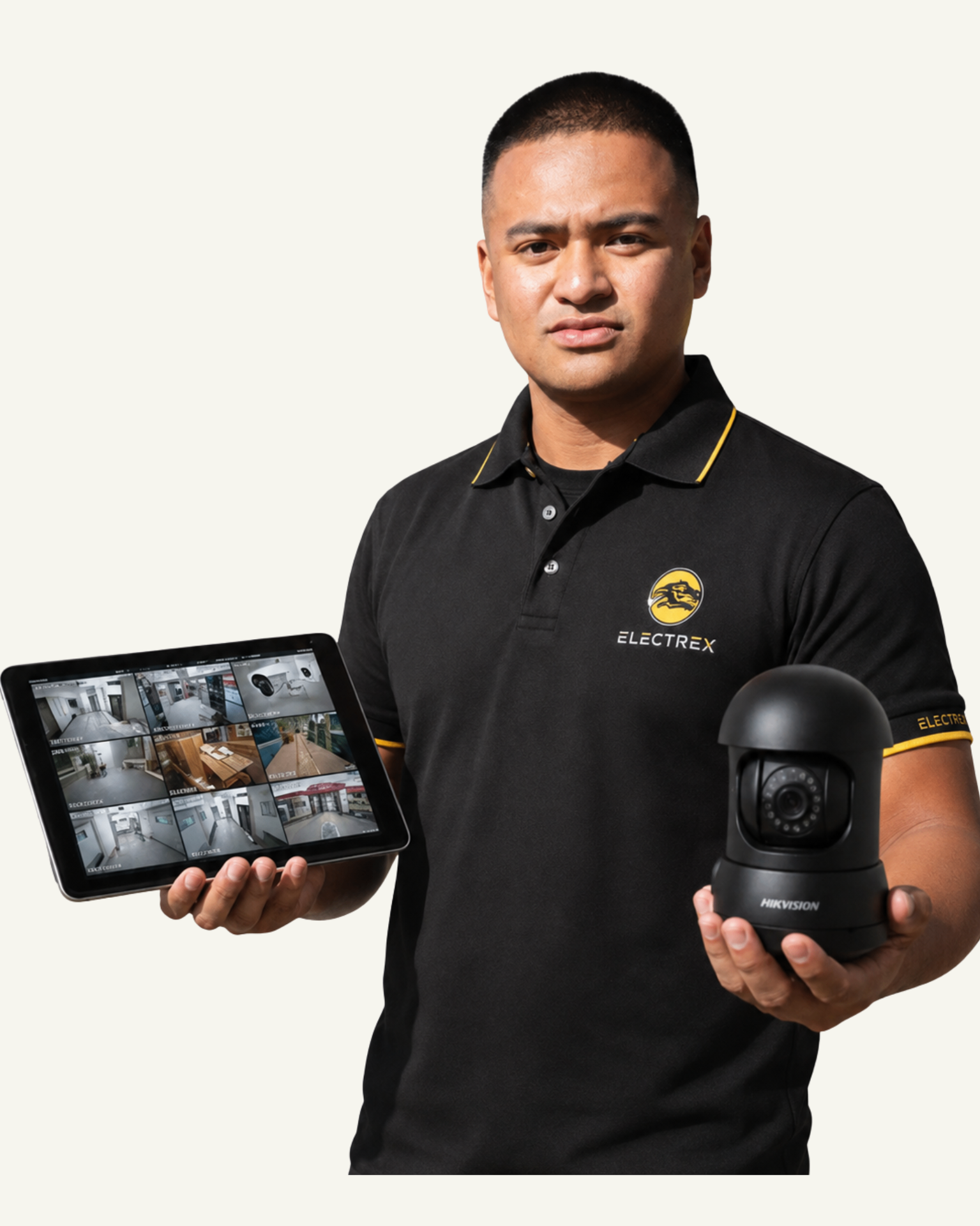Electrex technician holding a tablet with live CCTV footage and a Hikvision security camera